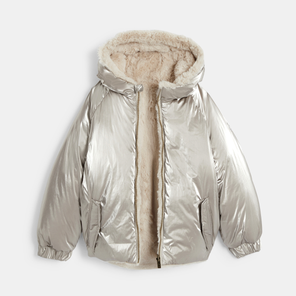 مِعطَف لامع بفرو اصطناعي قابل للارتداء على الوجهين، للفتيات،